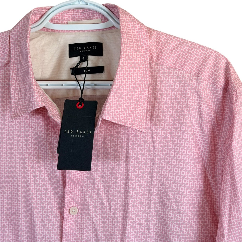 Ted Baker Willet Button Down Shirt Mens 6 2XL Pink Mini Geo Print Slim Fit $150‎